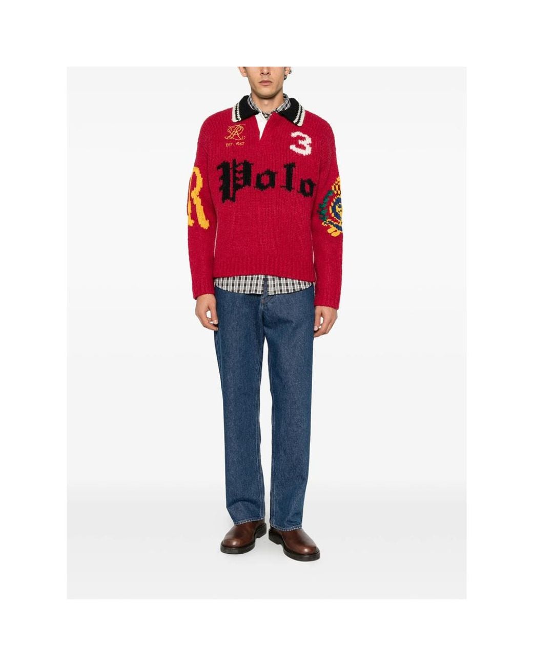 Ralph Lauren Red Logo-Intarsia Ribbed-Knit Polo Shirt for men