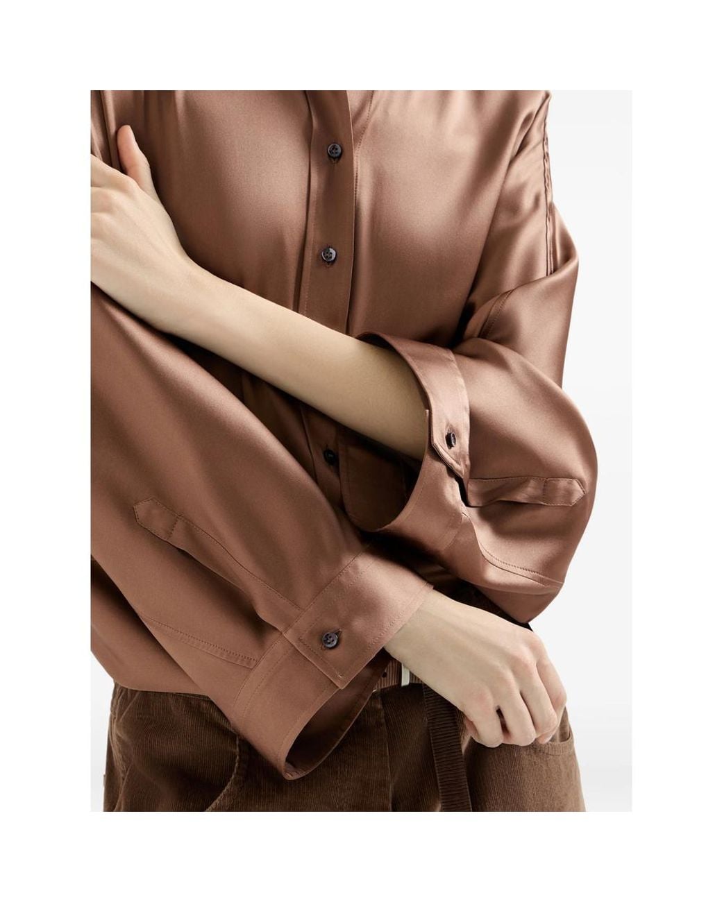 Brunello Cucinelli Brown Stretch Silk Satin Shirt