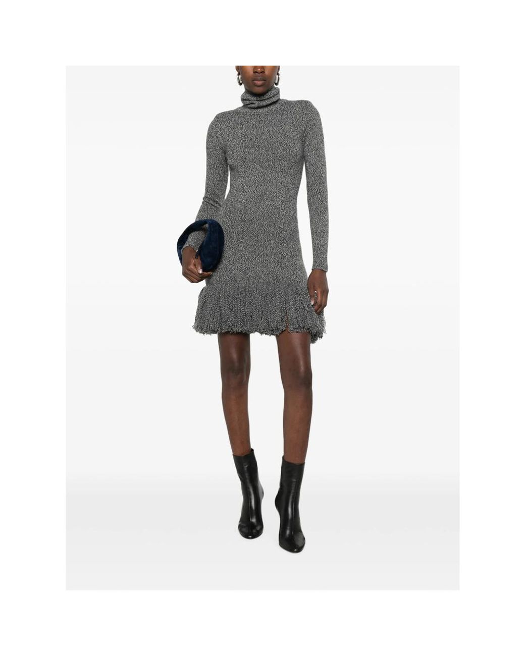 ELY ELY Gray Roll-Neck Fringed Mini Dress