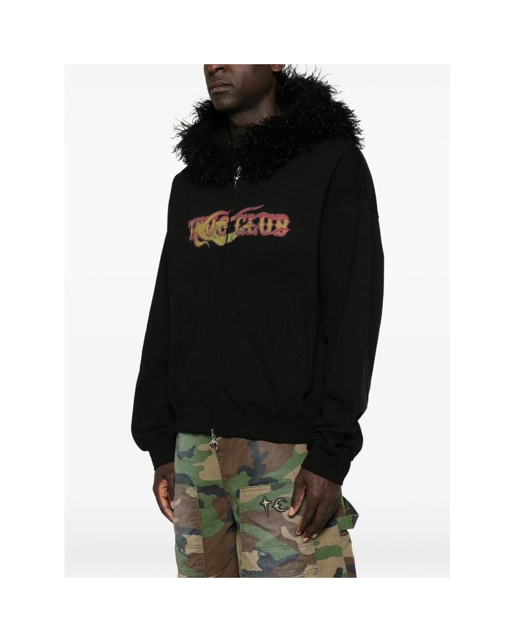 THUG CLUB Black Faux-Fur Trim Graphic-Print Hoodie for men