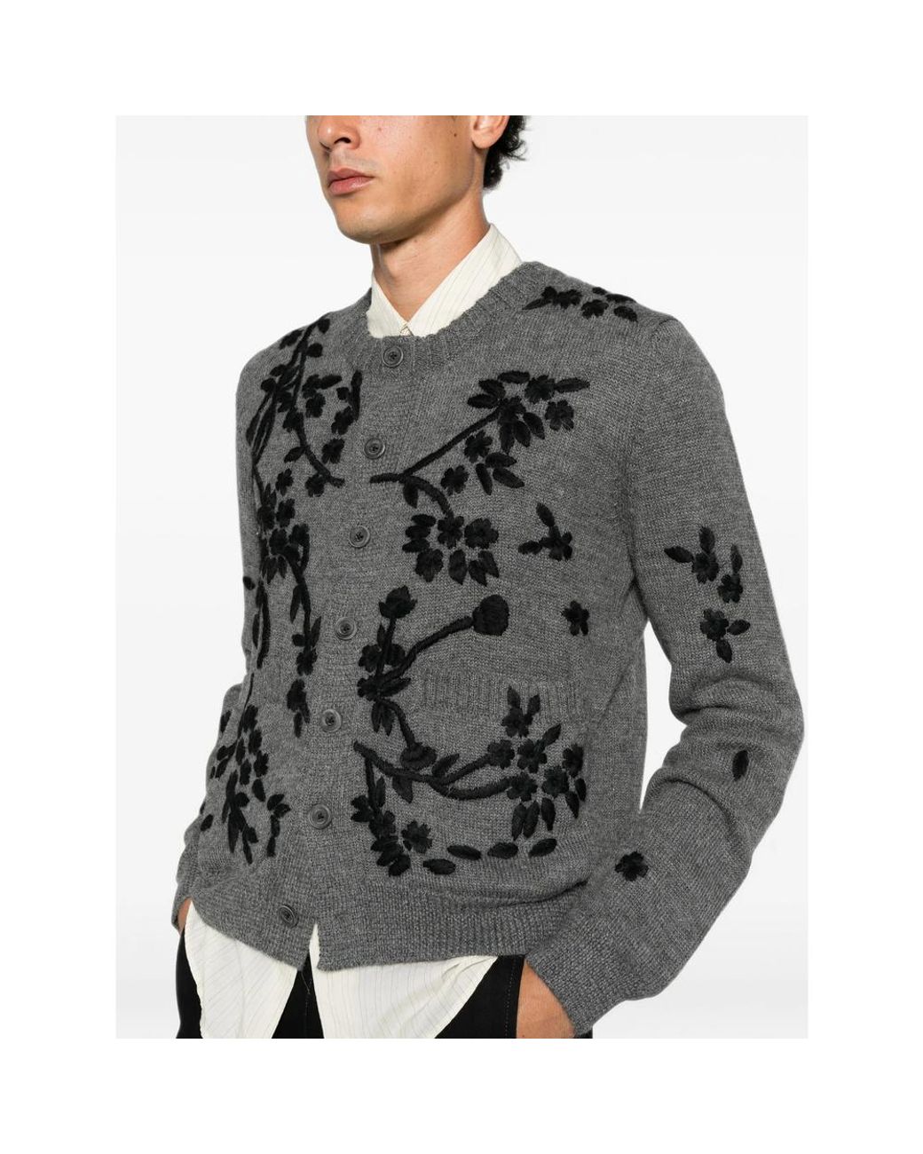 BAZISZT Gray Floral-Embroidered Cardigan for men