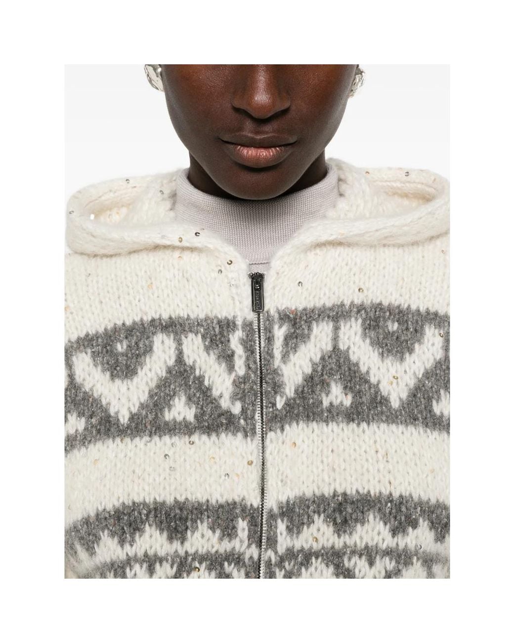 Peserico White Fair Isle-Knit Zip-Up Hoodie