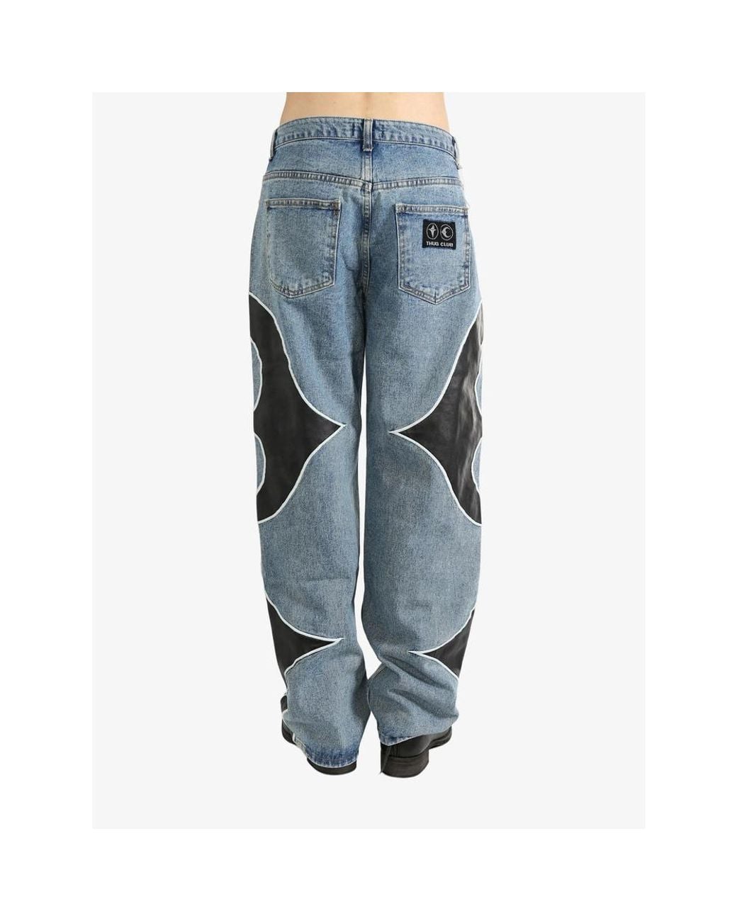 THUG CLUB Blue Leather Panelled Jeans for men