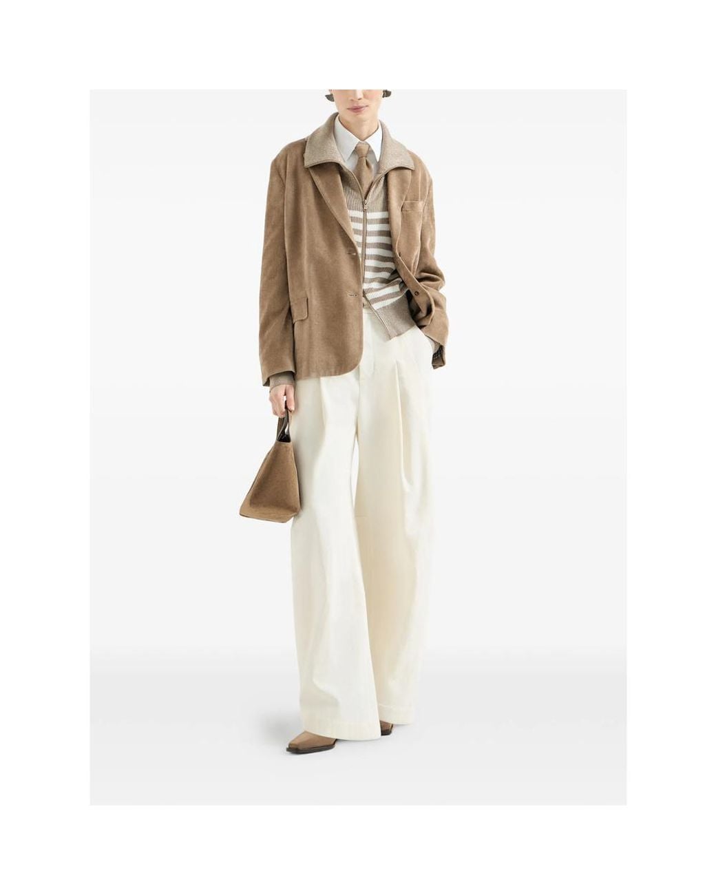 Brunello Cucinelli Natural Sparkling Cotton Striped English Rib Cardigan With Zipper And Monili