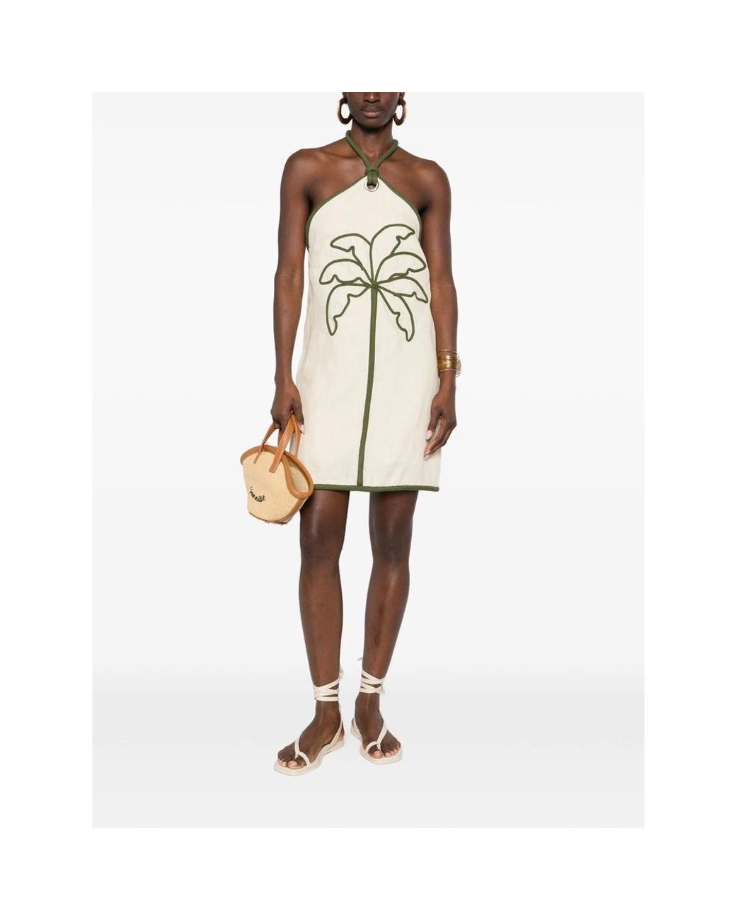 FARM Rio Palm-Tree Halterneck Mini Dress in Natural | Lyst UK