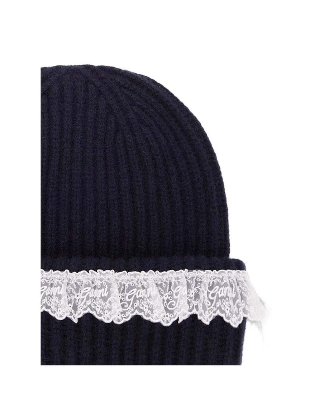 Ganni Blue Lace-Trim Ribbed Beanie Hat