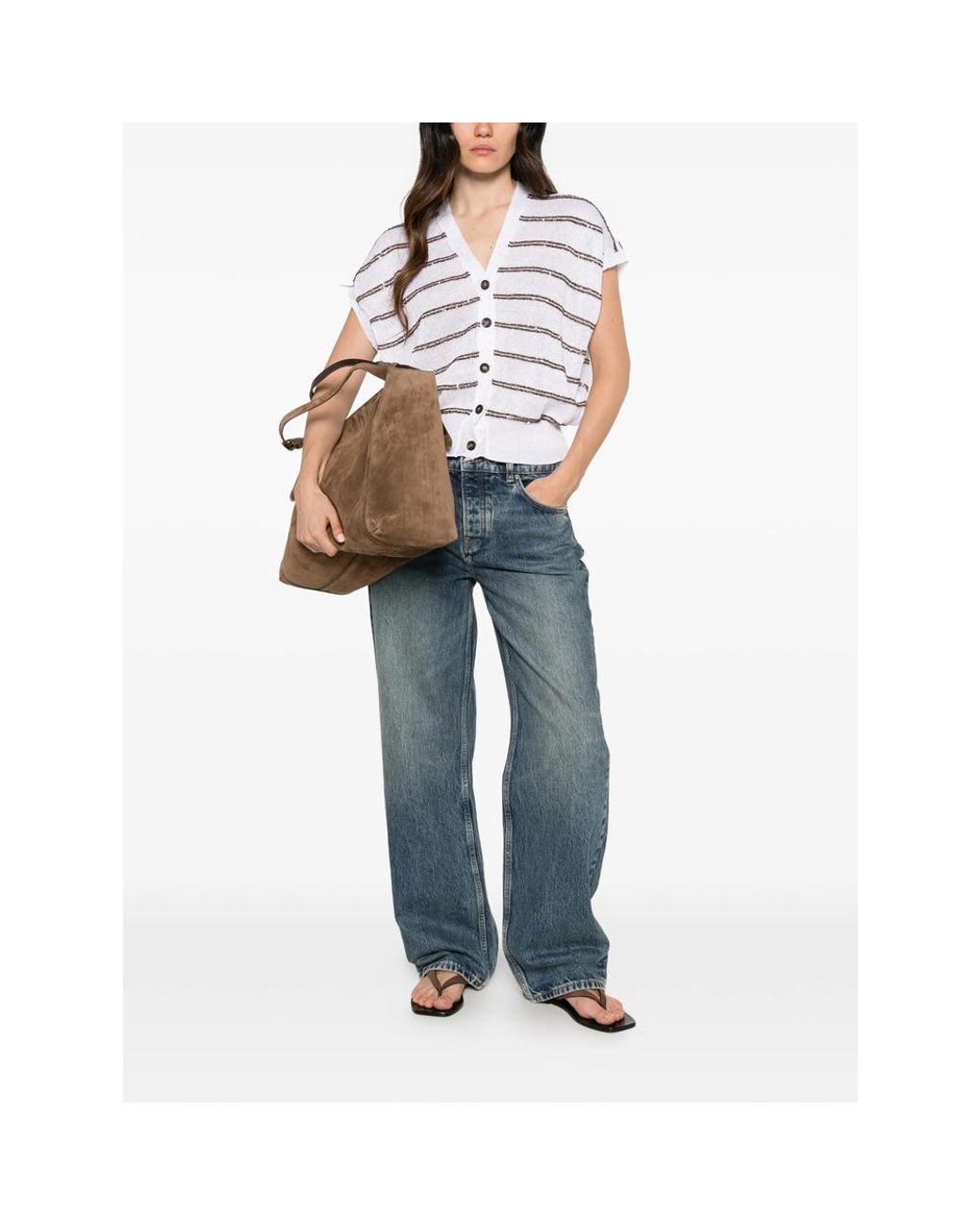 Brunello Cucinelli White Sequin-Embellished Striped Cardigan