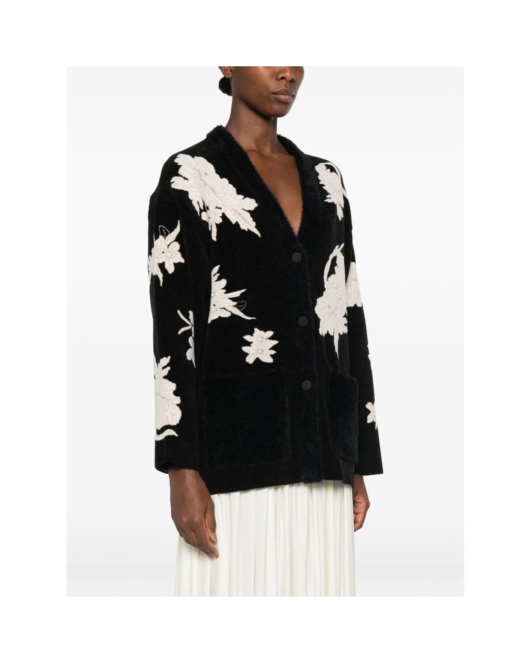 Forte_forte Black Floral-Embroidered Cardigan-Style Jacket