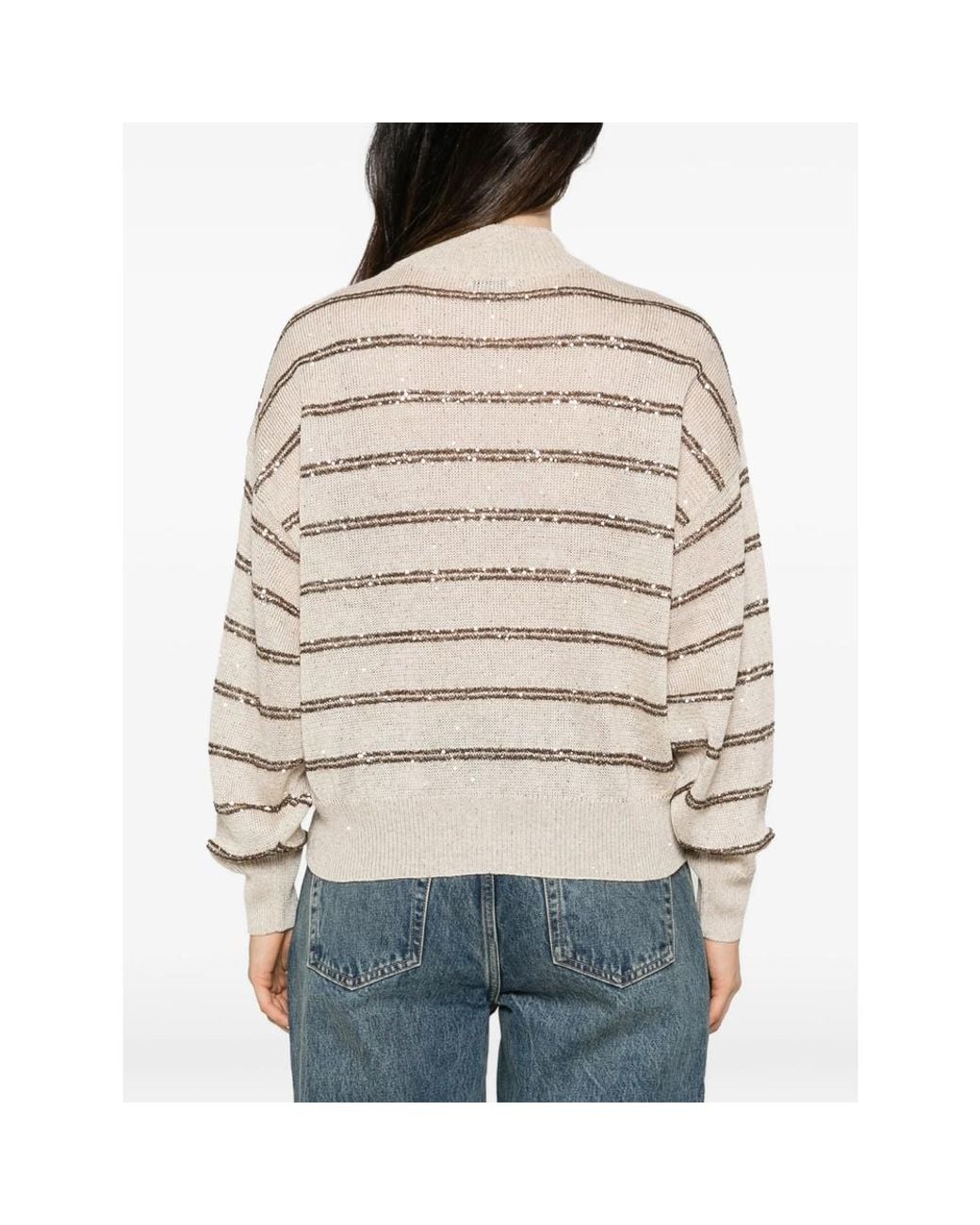 Brunello Cucinelli Natural Sequin-Embellished Striped Cardigan