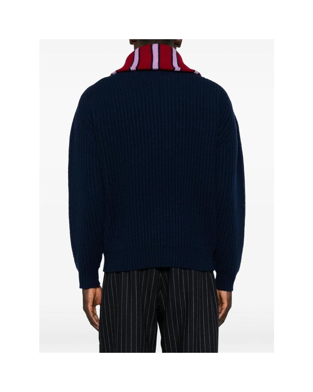 Drole de Monsieur Blue Striped-Collar Quarter-Zip Sweater for men
