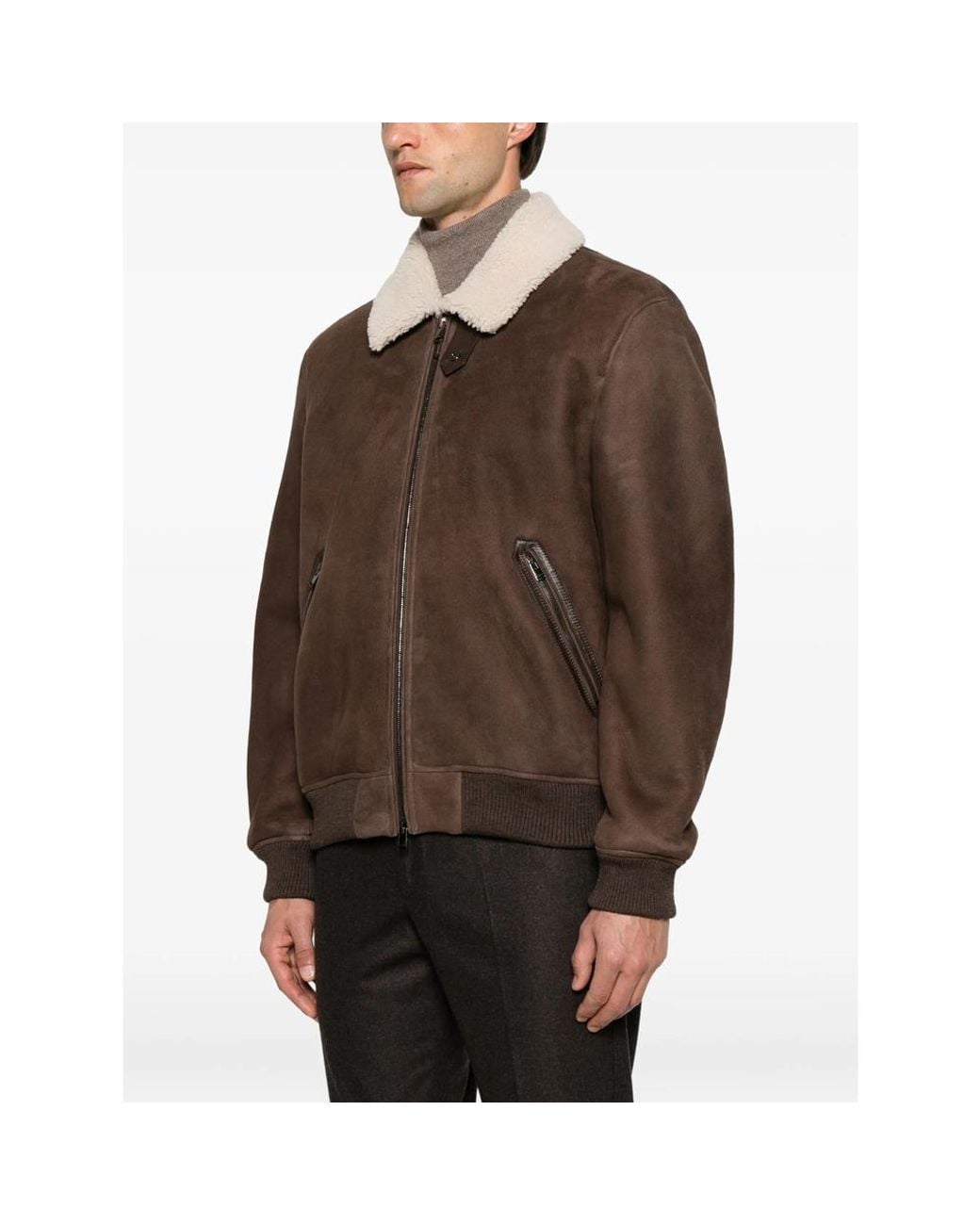 Canali Brown Shearling-Collar Suede Jacket for men