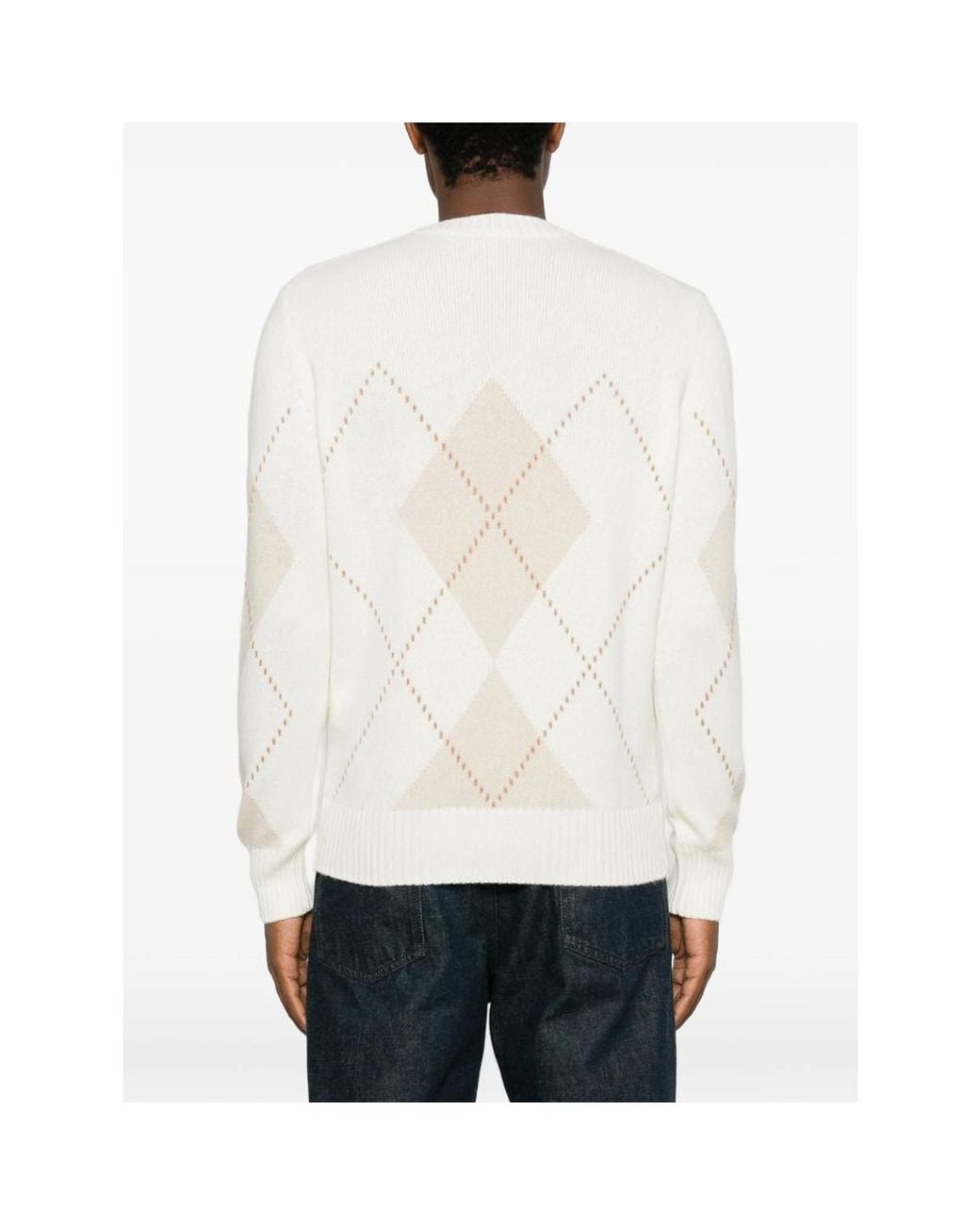 La Fileria White Argyle-Pattern Crew Neck Sweater for men