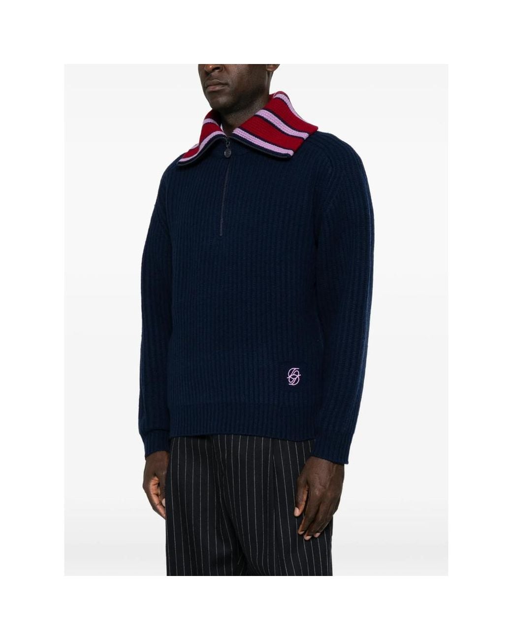 Drole de Monsieur Blue Striped-Collar Quarter-Zip Sweater for men