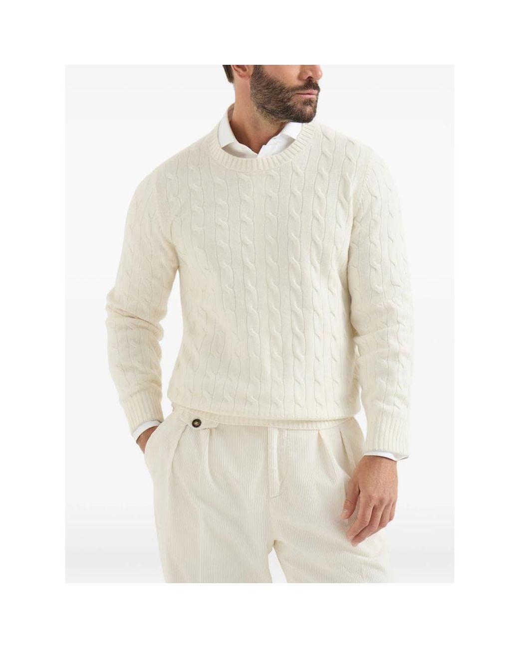 Brunello Cucinelli White Cable-Knit Cashmere Sweater for men