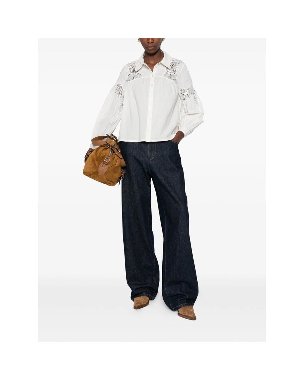 Ba&sh White Roseannie Lace-Panelled Ruffled Blouse