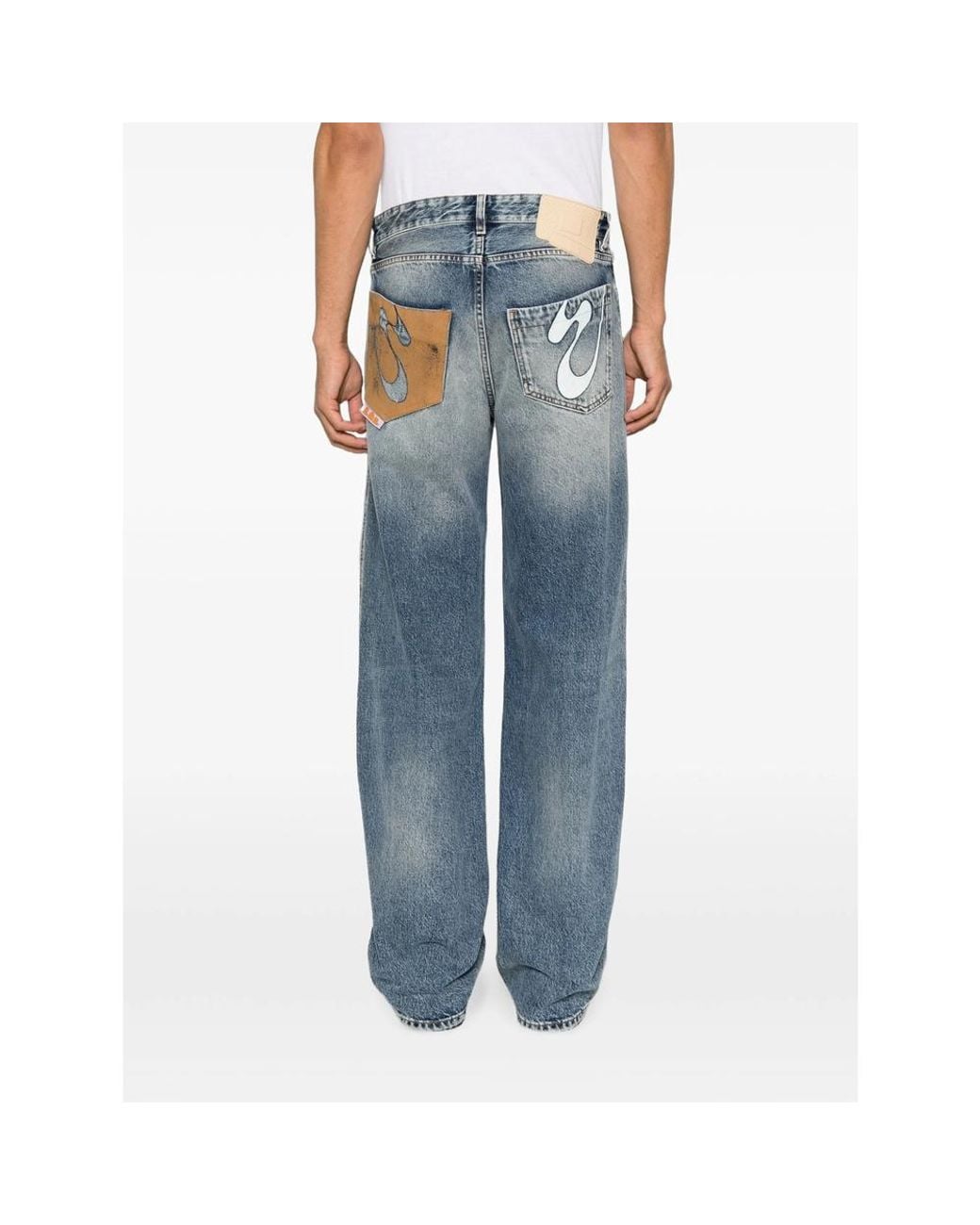 PDF Blue Distressed Graphic-Print Straight-Leg Jeans for men