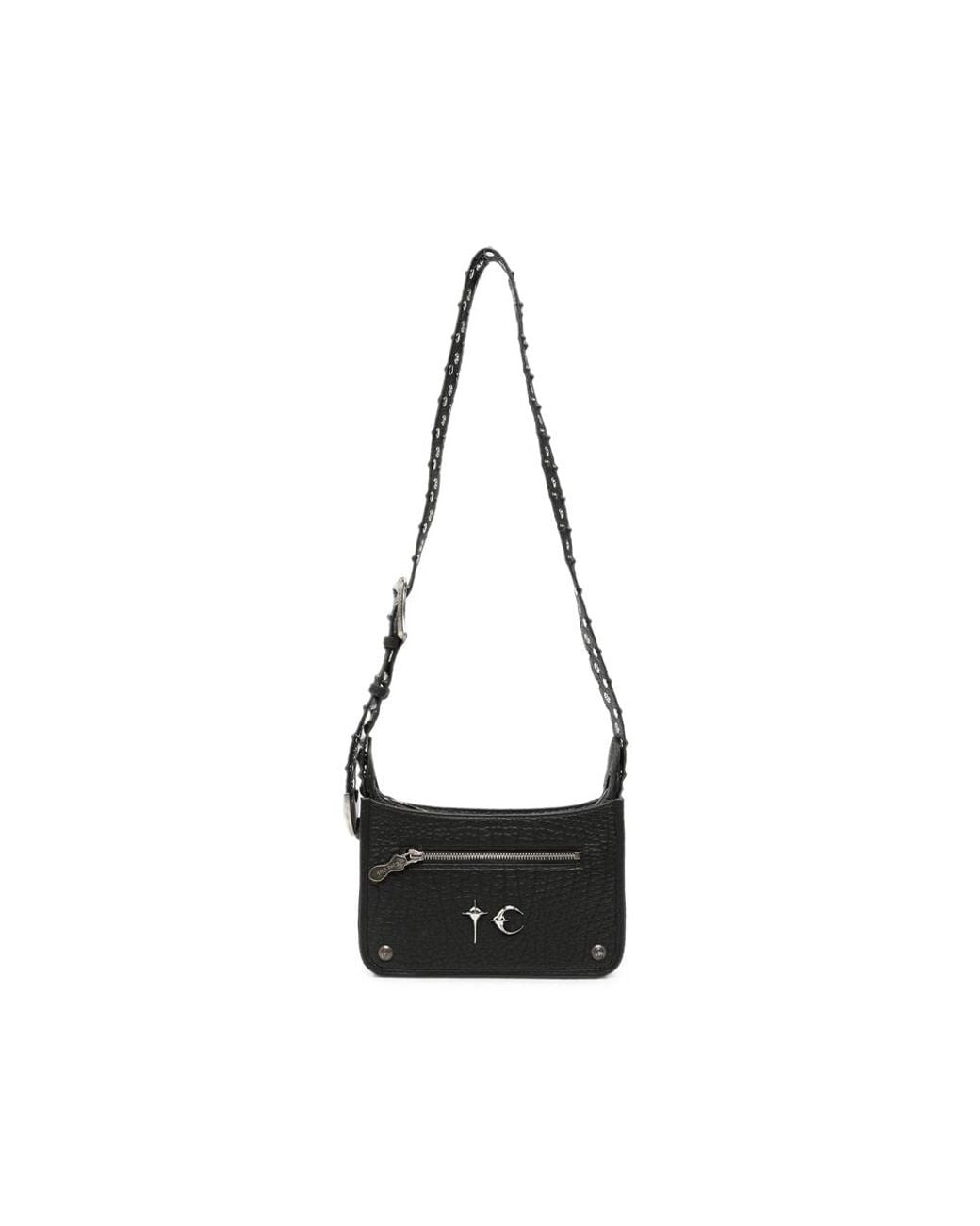 THUG CLUB Black Studded Leather Messenger Bag for men