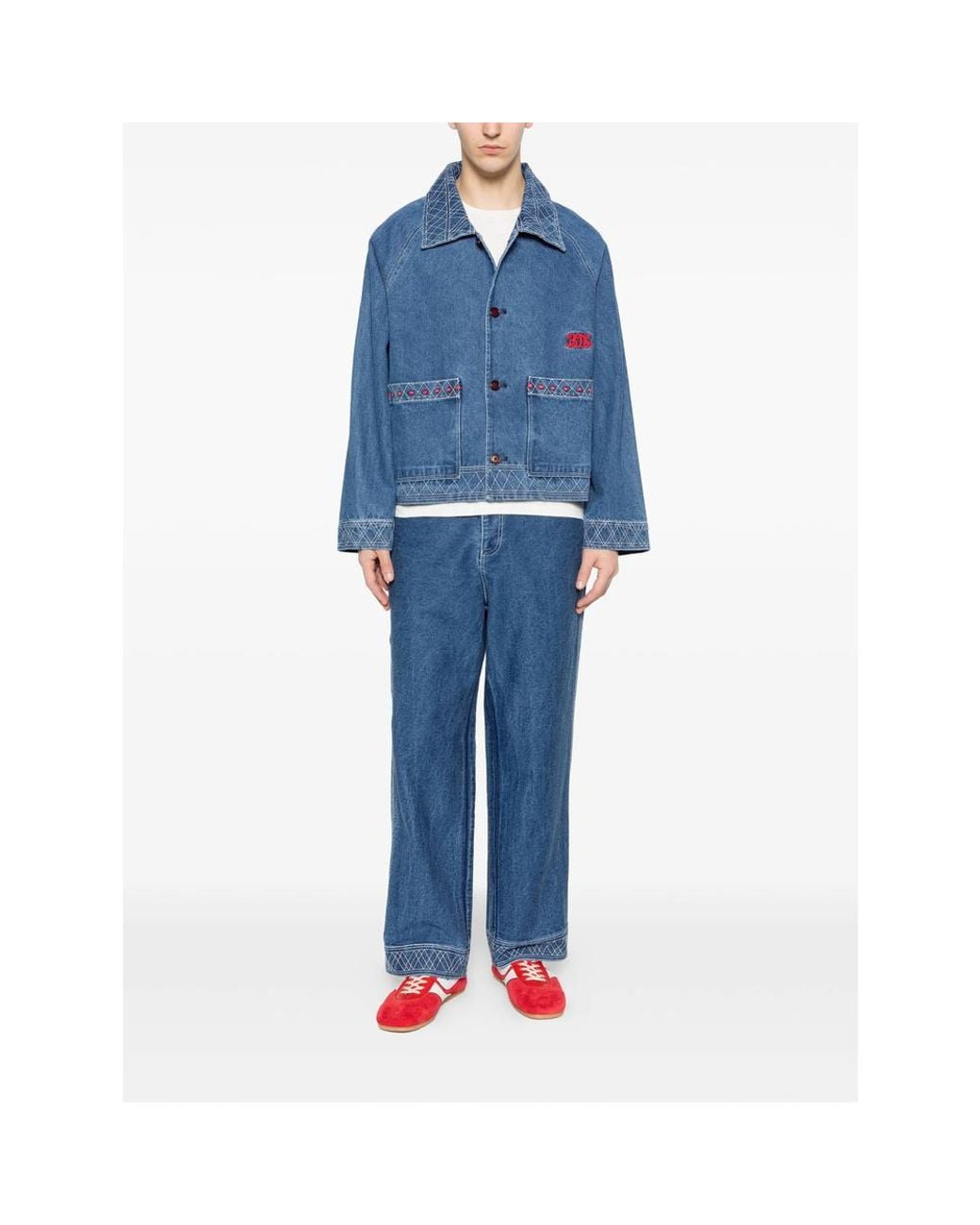 Bode Blue Embroidered Denim Knolly Brook Trousers for men