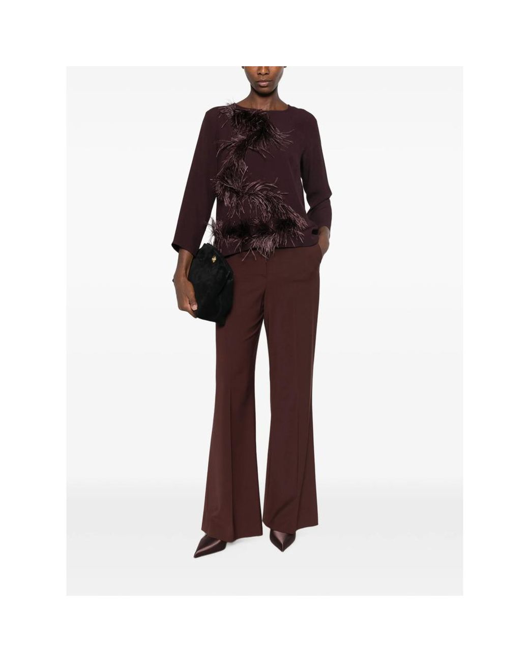 Antonelli Brown Feather-Trim Long-Sleeve Top
