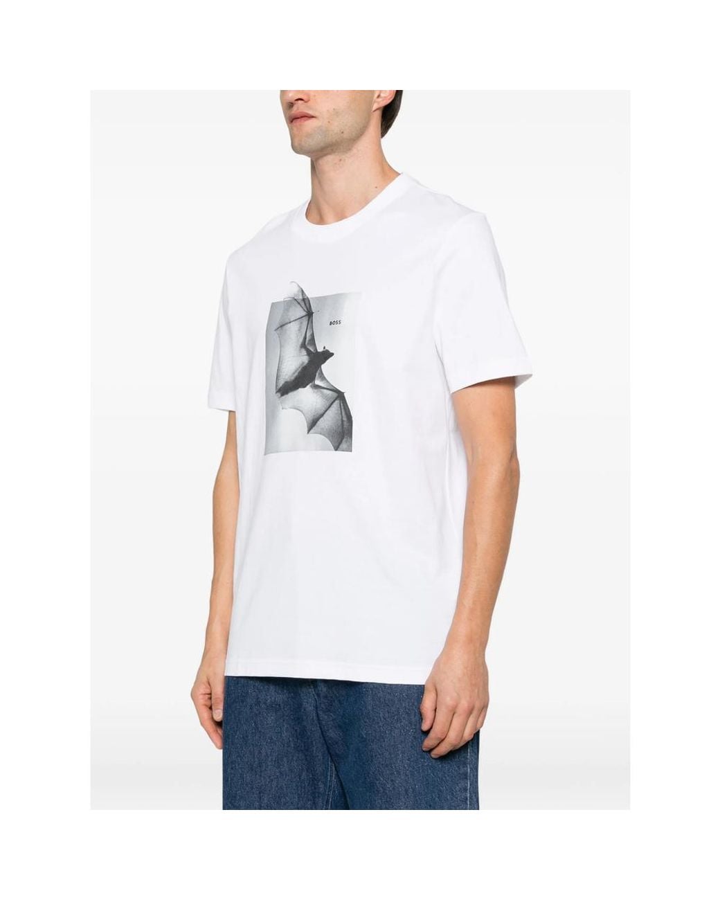Boss White Bat-Print T-Shirt for men