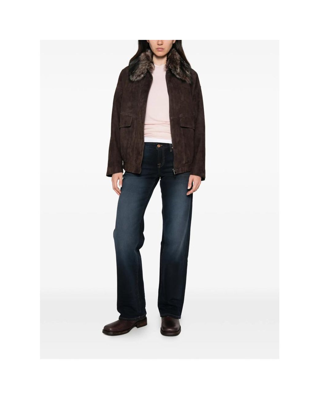 FURLING Brown Faux-Fur Collar Suede Bomber Jacket