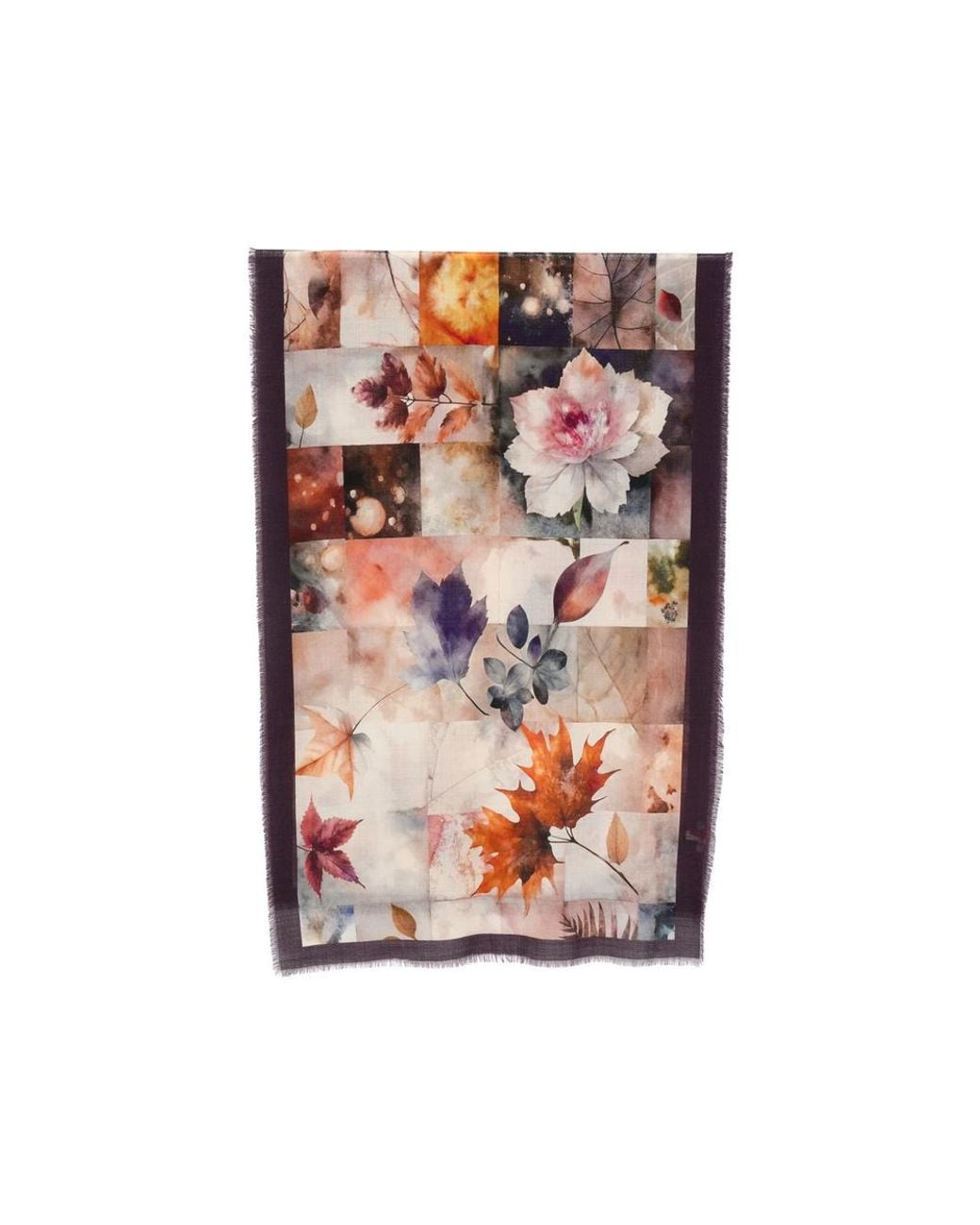 D'Aniello Brown Leaf-Print Frayed Scarf