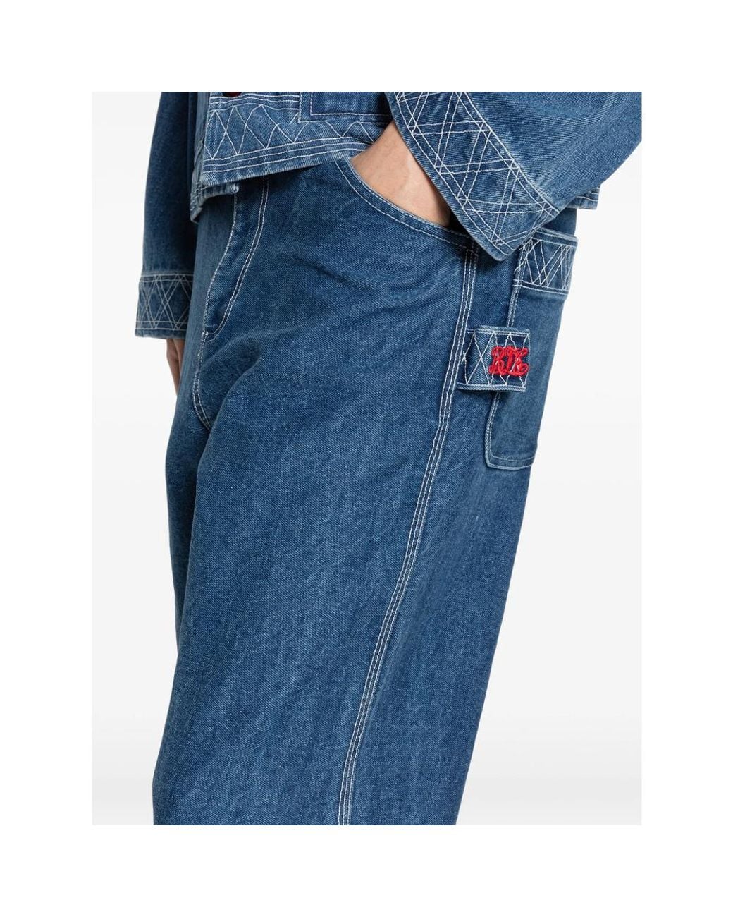 Bode Blue Embroidered Denim Knolly Brook Trousers for men
