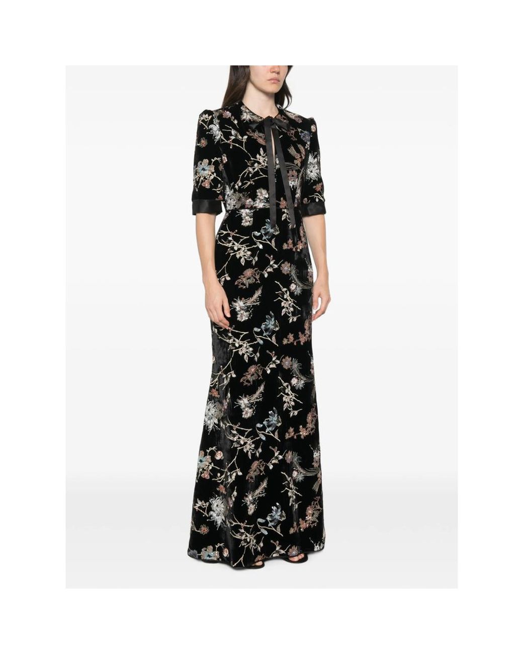 De Santis by Martin Alvarez Black Floral-Embroidered Velvet Maxi Dress
