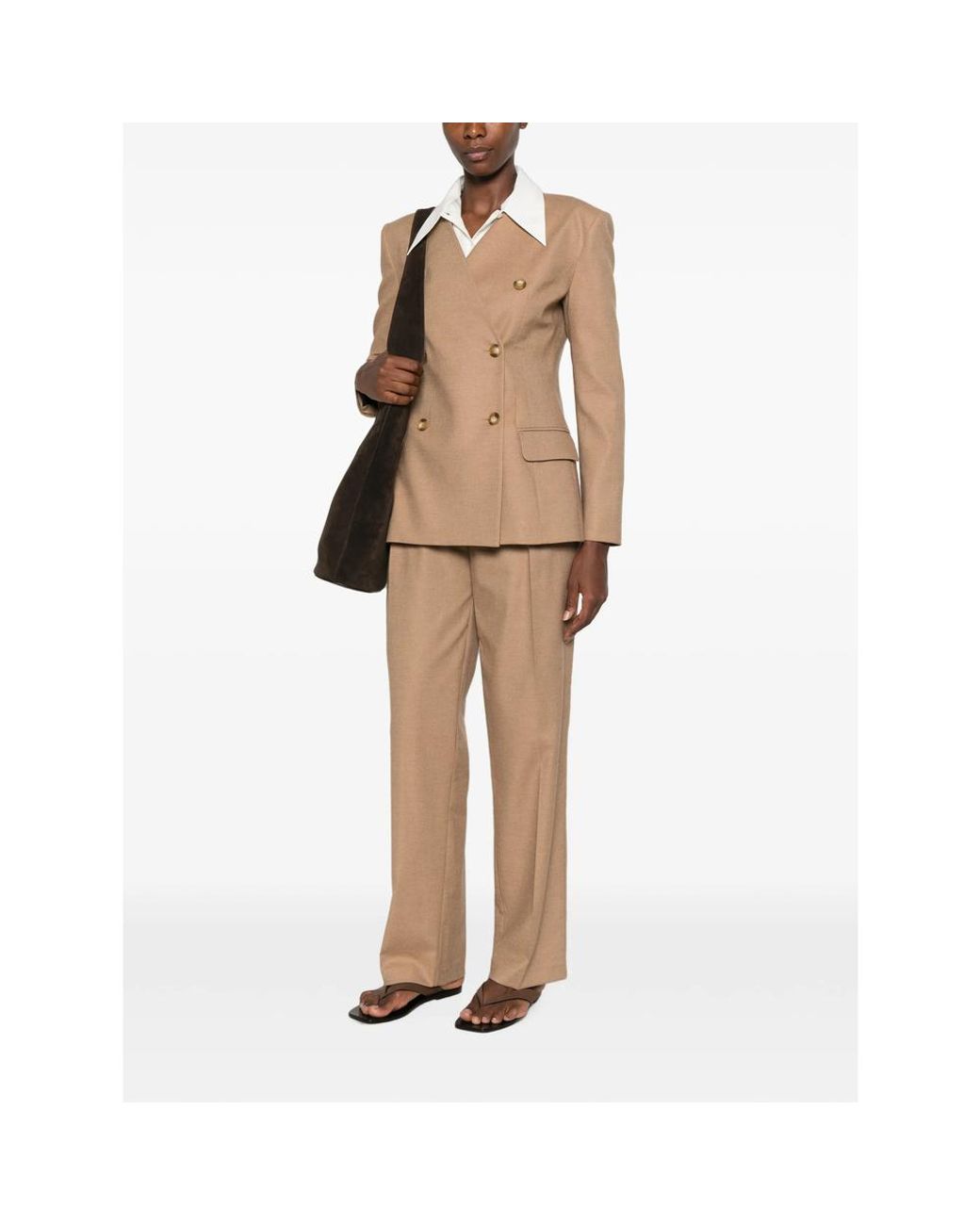 LE SULLY STUDIO Natural Double-Breasted Padded-Shoulder Blazer
