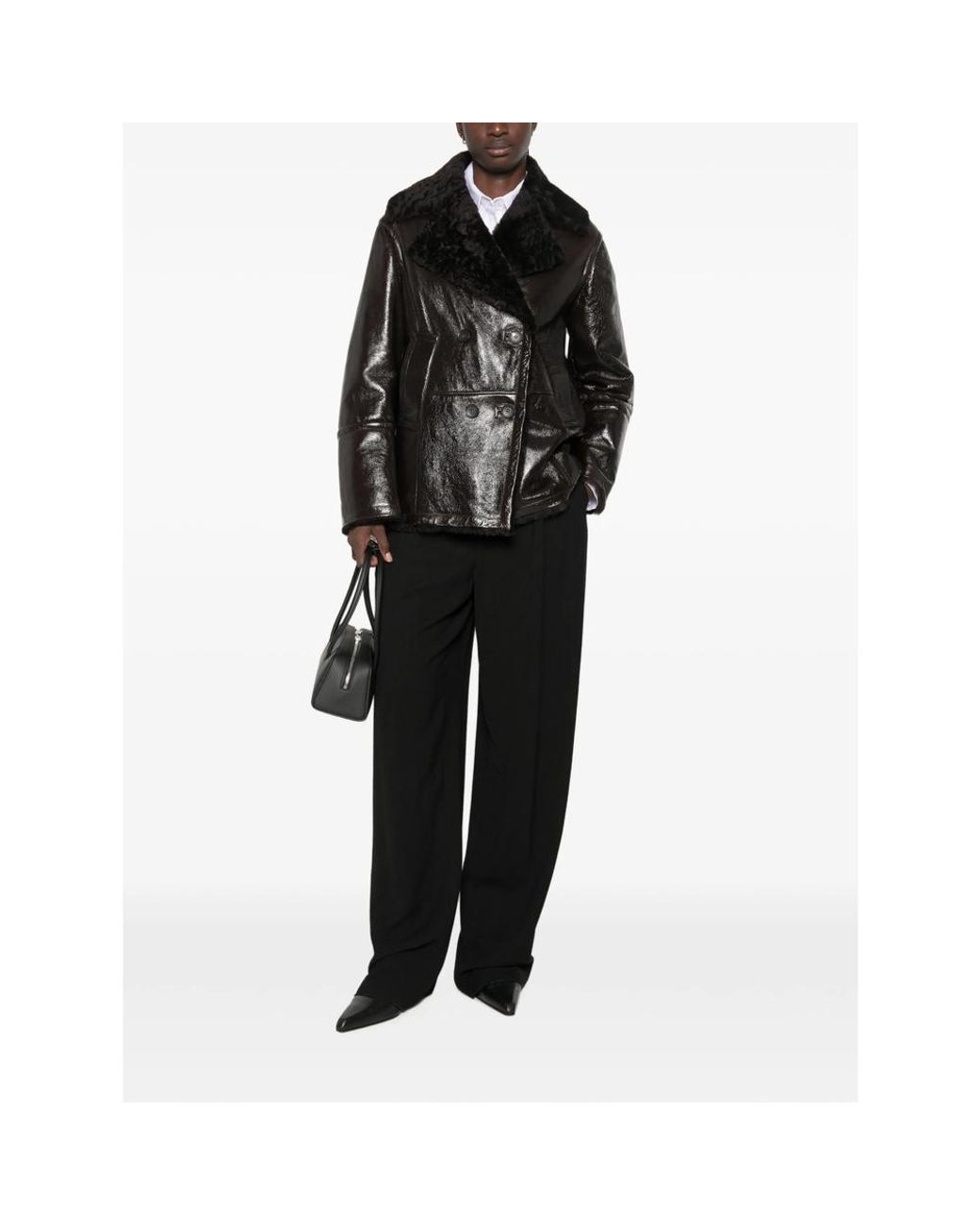 FURLING Black Shearling-Collar Double-Breasted Jacket
