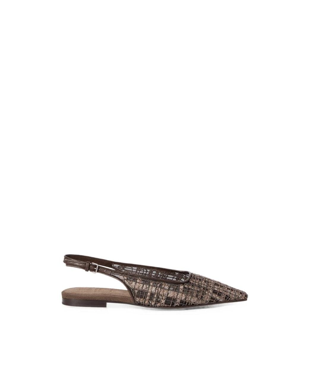 Brunello Cucinelli Brown Precious Check Embroidery Slingback Flats