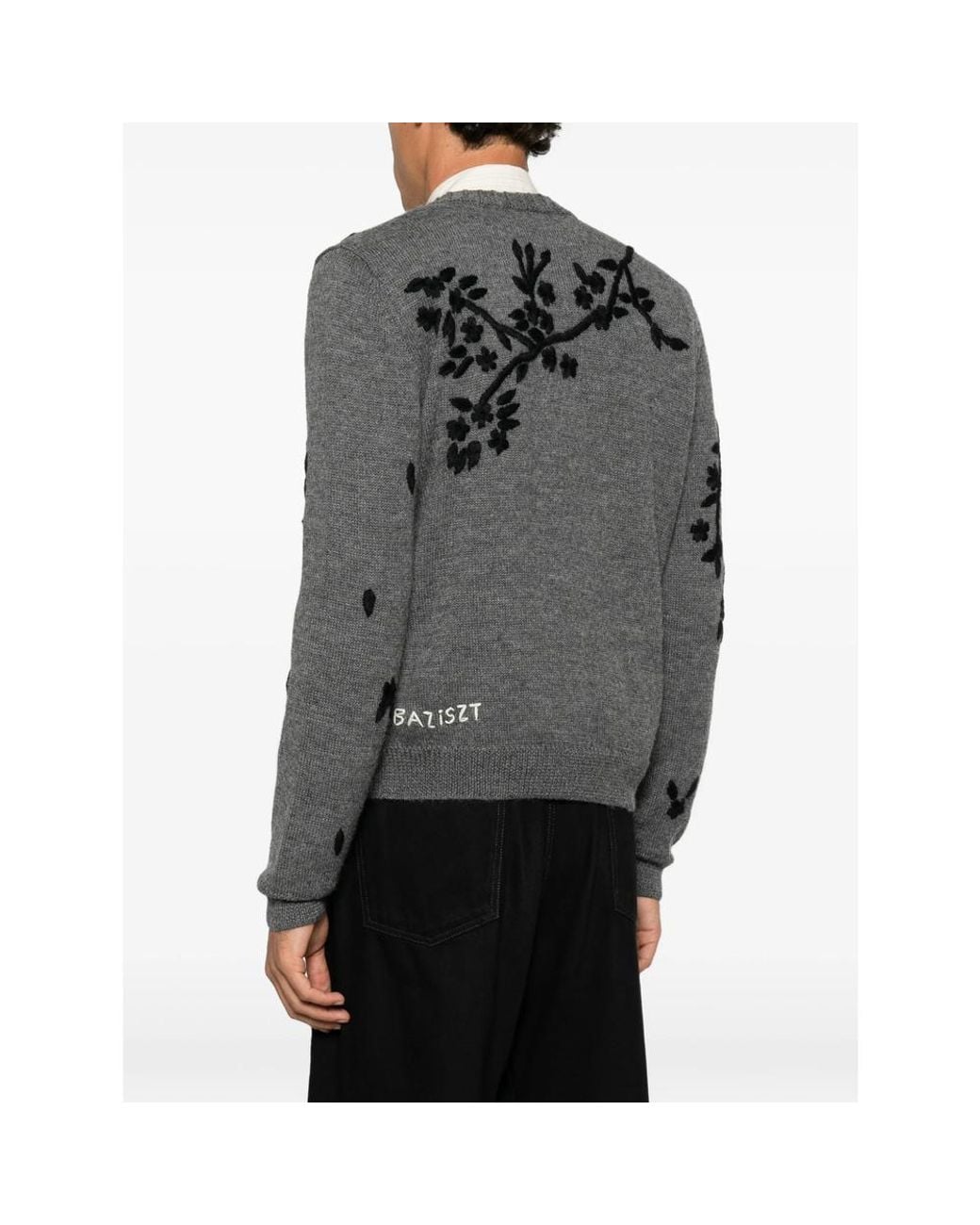 BAZISZT Gray Floral-Embroidered Cardigan for men