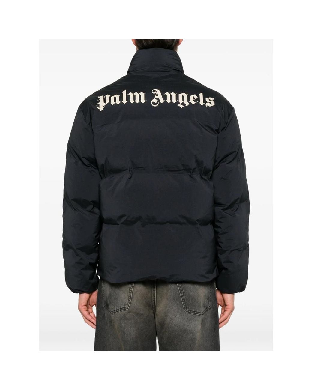 Palm Angels Black Logo-Print Side-Stripe Puffer Jacket for men