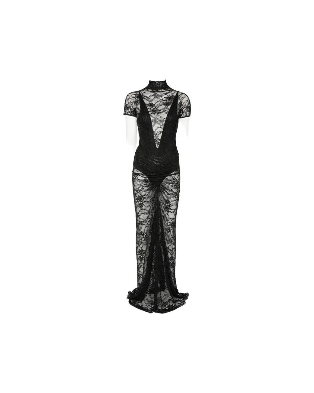 ANDAMANE Black Palma Lace-Overlay Ruched-Detail Maxi Dress