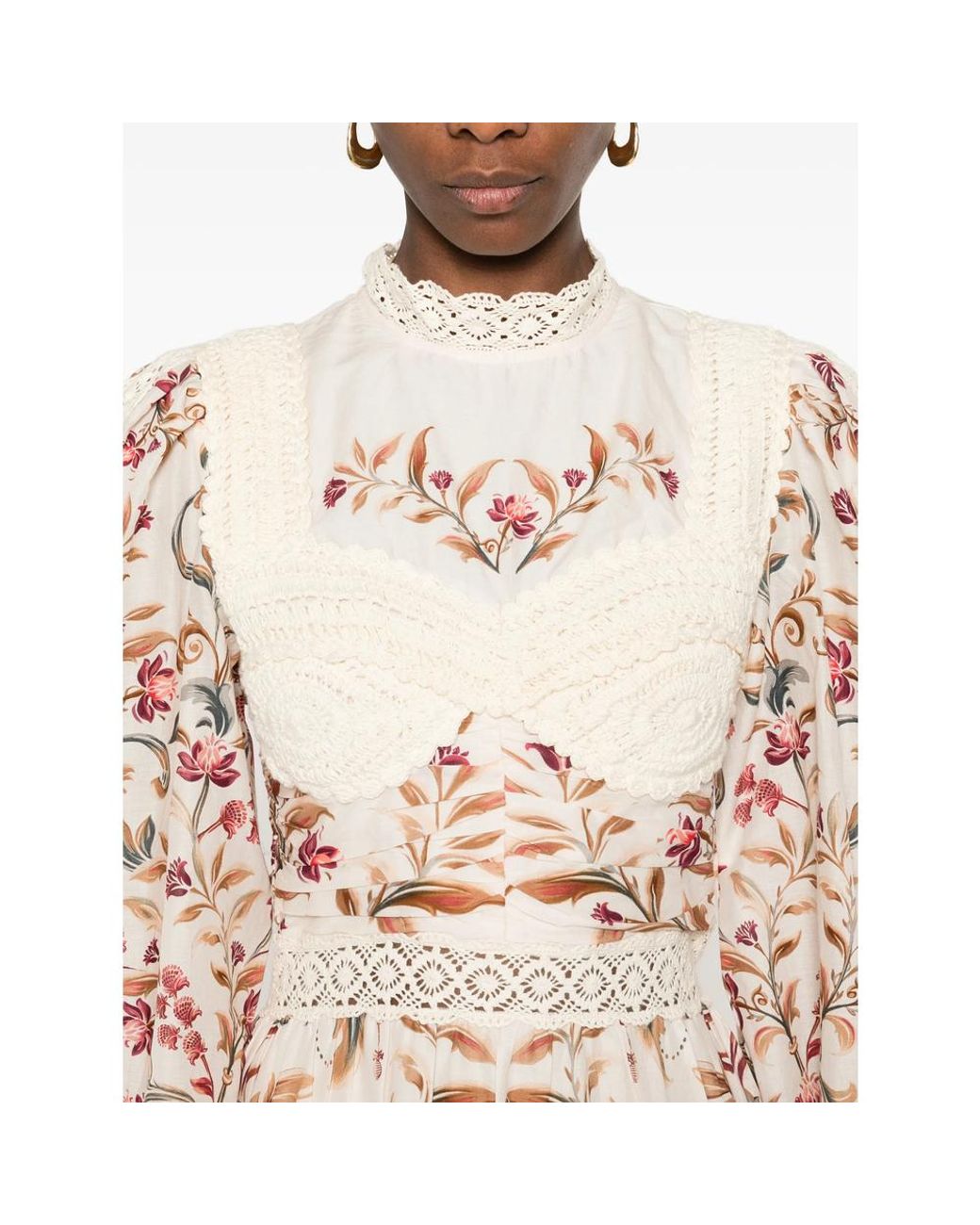 Farm Rio Pink Royal Garden Long Sleeve Crochet Midi Dress