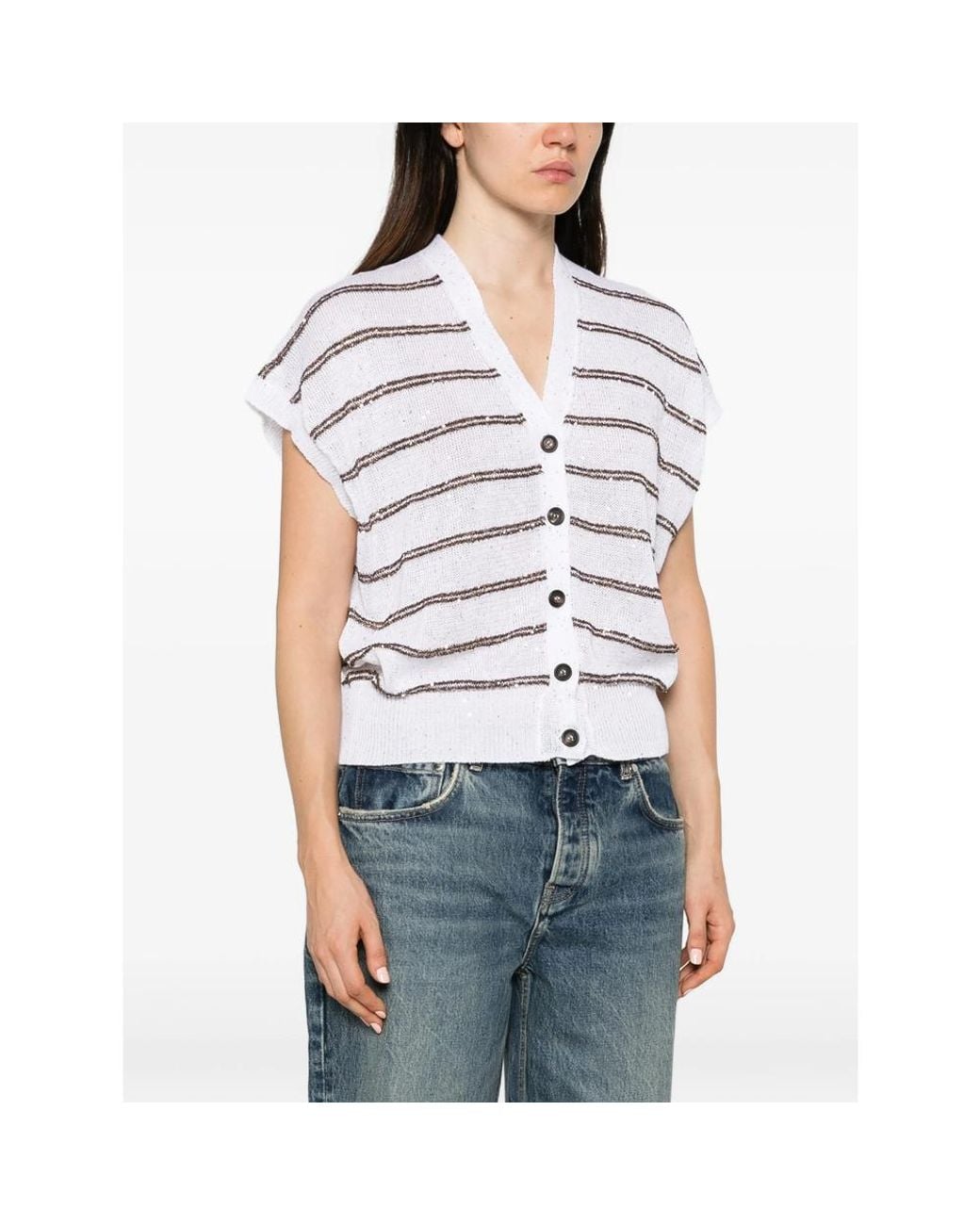Brunello Cucinelli White Sequin-Embellished Striped Cardigan