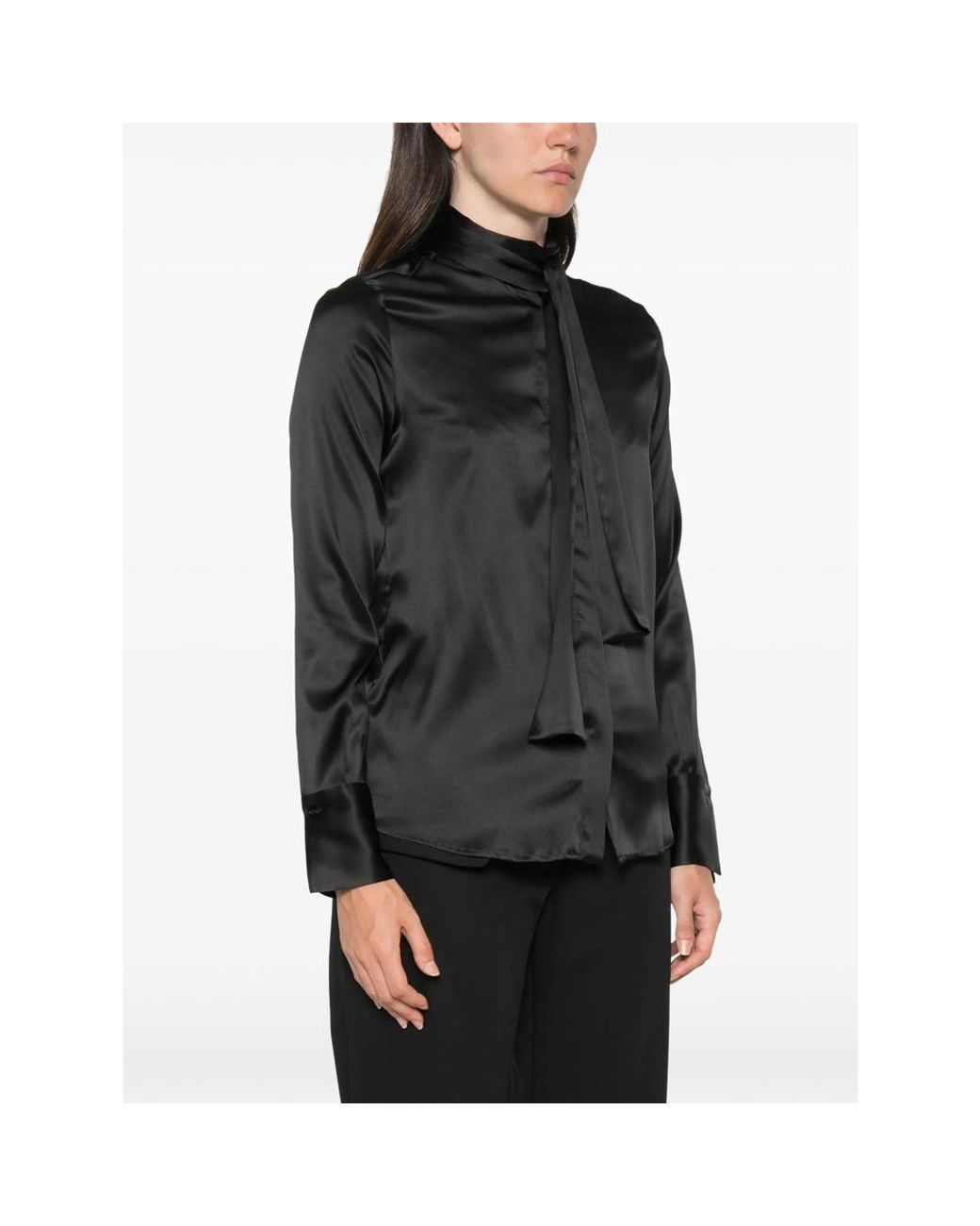 CAMICERIA MAZZARELLI Black Pussy-Bow Silk-Satin Blouse