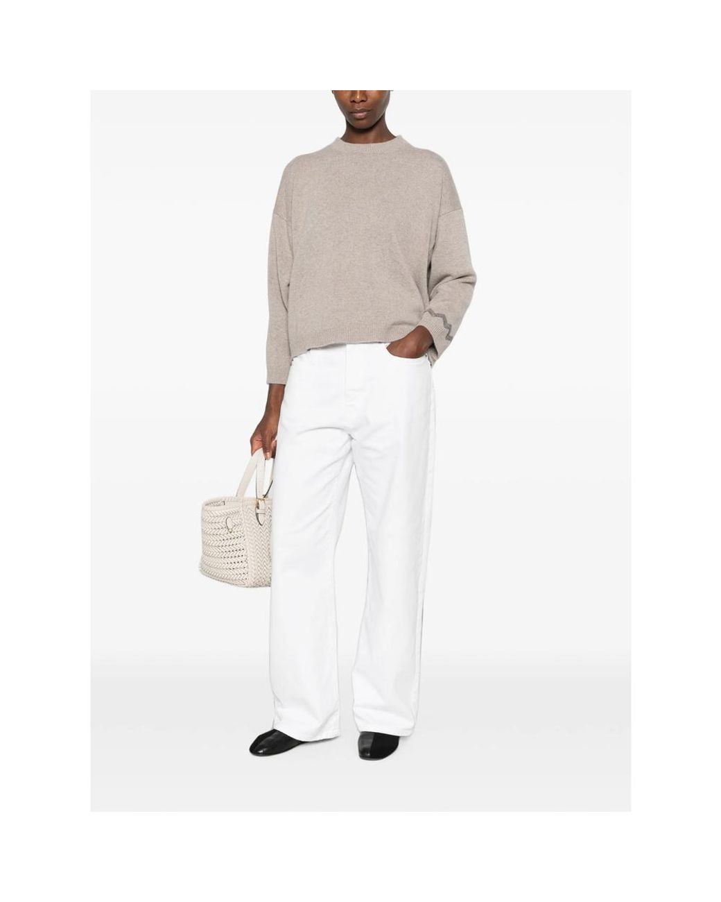 Panicale Cashmere Natural Bead-Embellished Drop-Shoulder Sweater