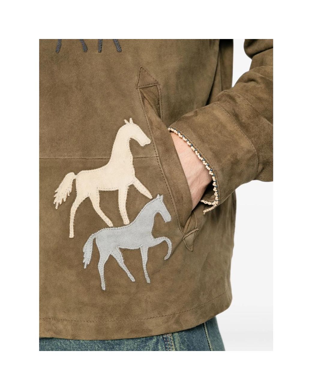 BAZISZT Green Valero Horse-Patchwork Leather Jacket for men