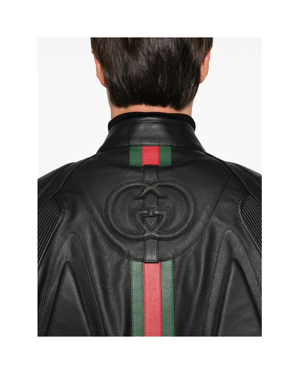 Gucci Black Web-Stripe Interlocking G Leather Jacket for men