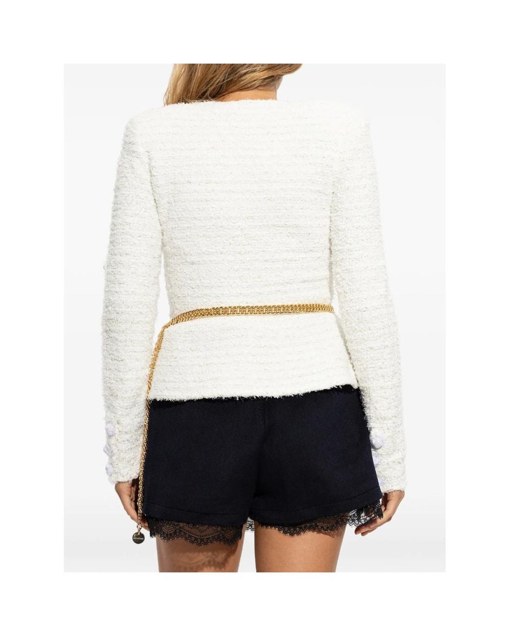 Self-Portrait White Belted Bouclé Cardigan