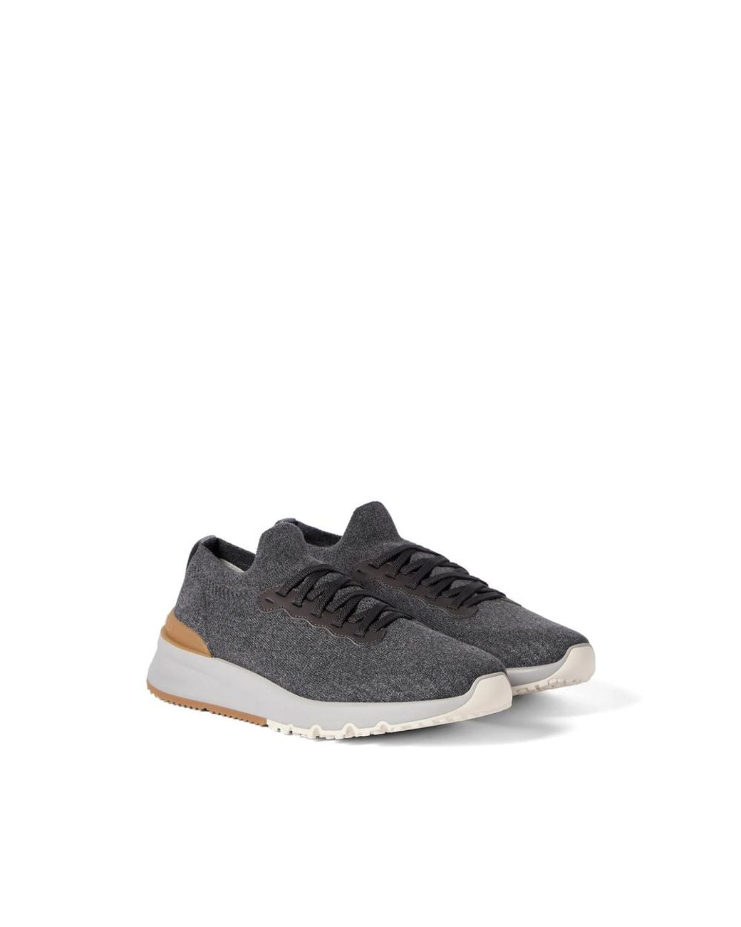 Brunello Cucinelli Blue Cotton Knit And Semi-Polished Calfskin Sneakers for men