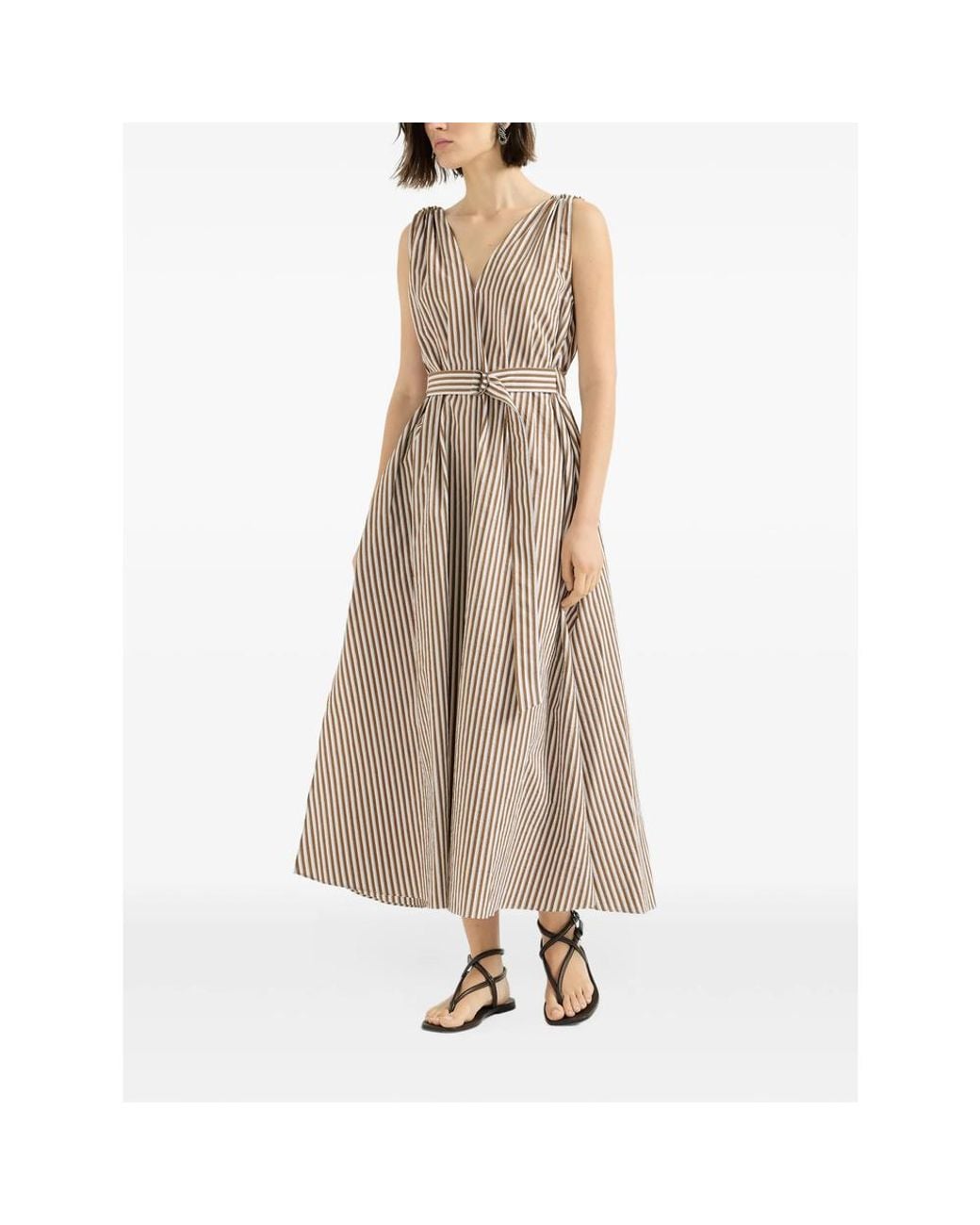 Brunello Cucinelli Natural Striped Wrinkled Poplin Dress With Monili