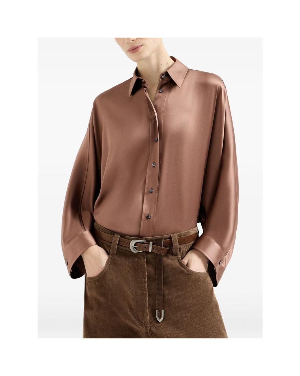 Brunello Cucinelli Brown Stretch Silk Satin Shirt
