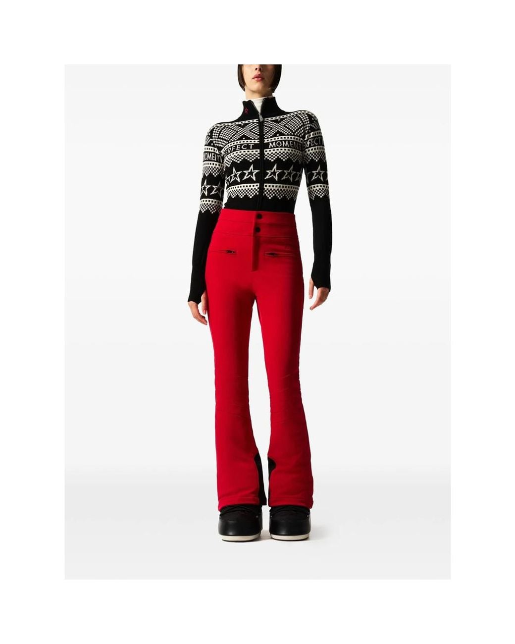 Perfect Moment Black Merino Wool Intarsia-Knit Mock-Neck Bodysuit With Partial Zip Closure And Long Sleeves