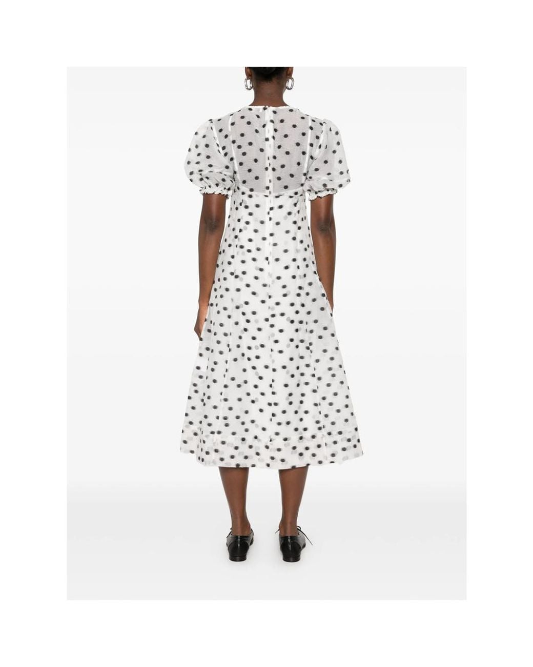 Stine Goya White Polka-Dot Puff-Sleeve Midi Dress