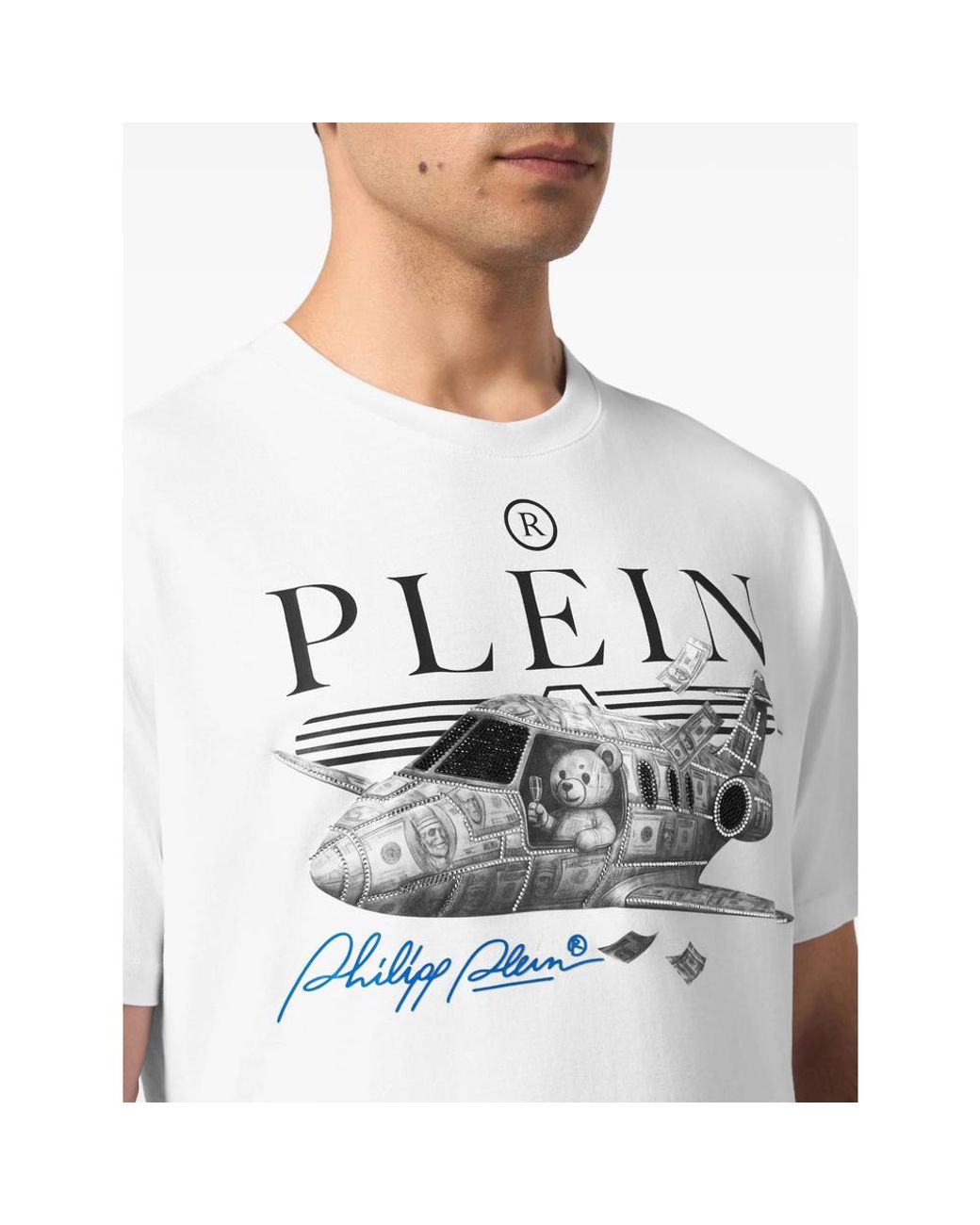 Philipp Plein White Teddy Round Neck T-Shirt Plane Stones for men