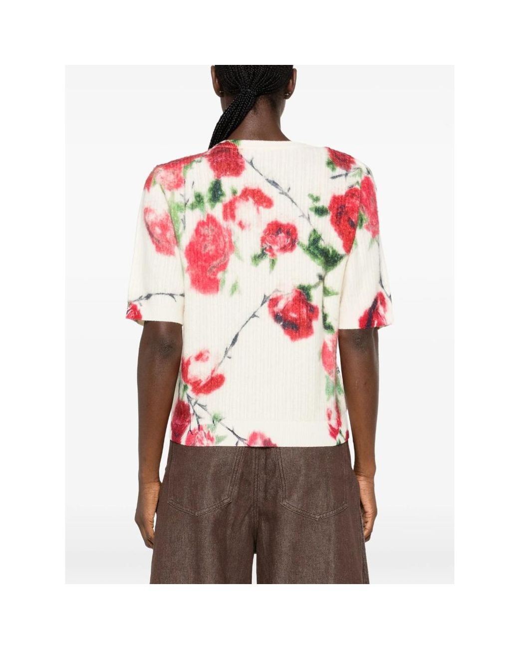 Blumarine Pink St. Rose Floral-Print Ribbed-Knit Sweater
