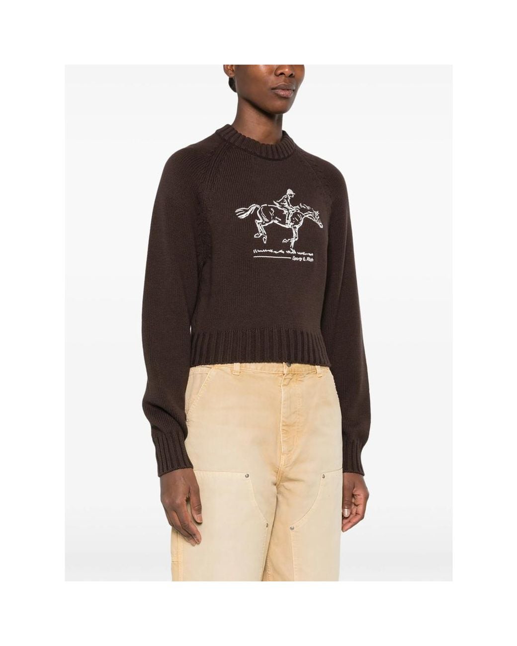Sporty & Rich Black Equestrian-Embroidered Raglan-Sleeve Sweater