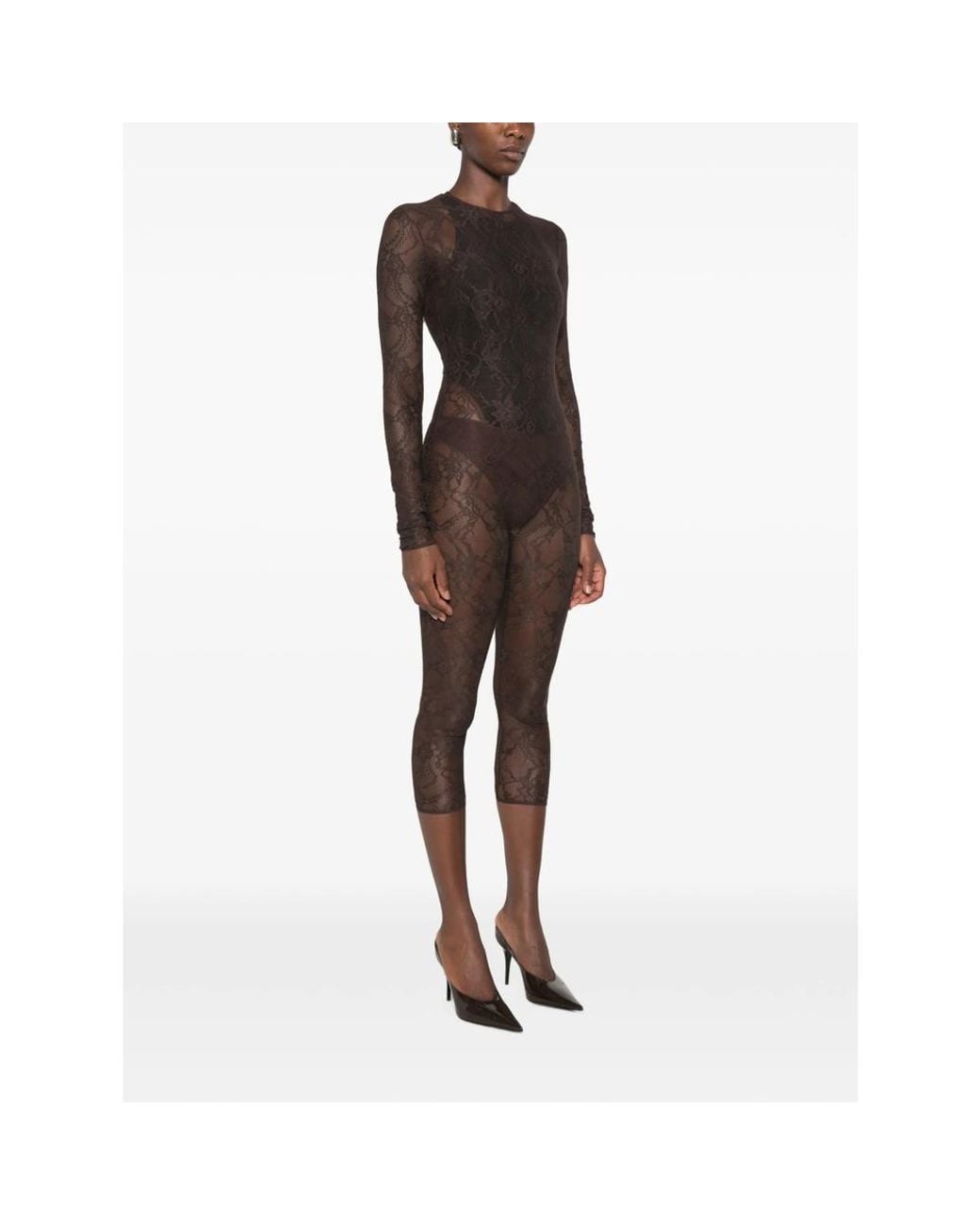 ANDAMANE Brown Sheila Lace-Pattern Long-Sleeve Jumpsuit